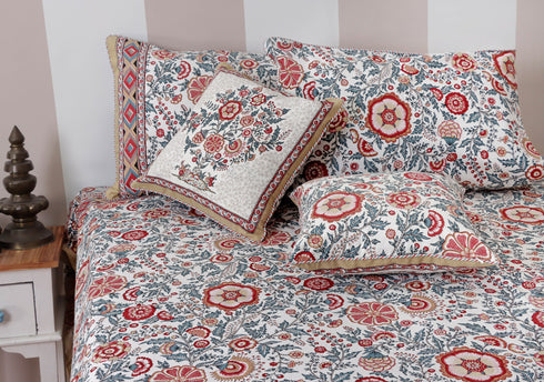 40s Cotton Pillow Cover In Indian Blue and Brick Red Floral Print